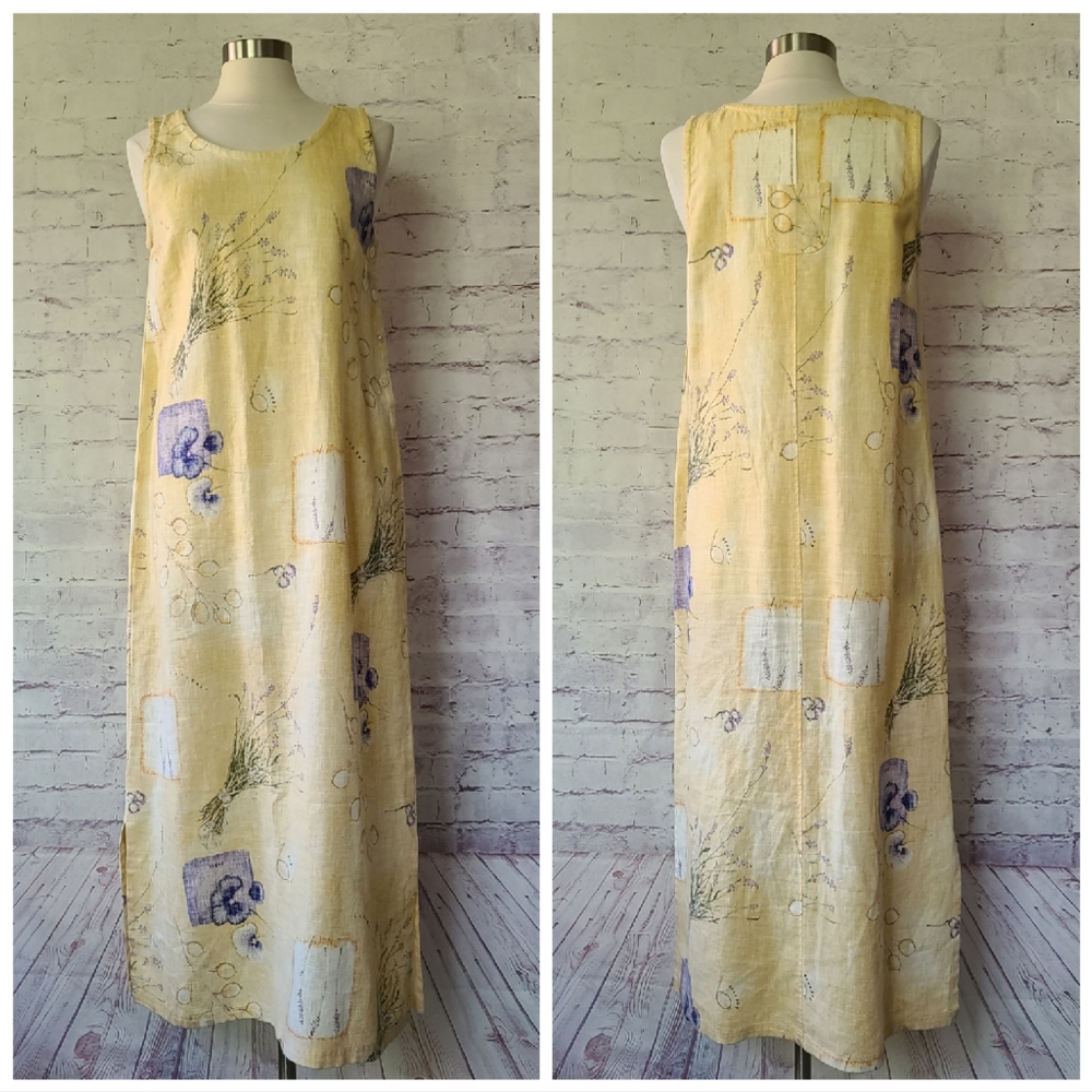 Vintage Sweet Jessie Yellow Botanical Print 100% Linen Tank Maxi Dress Medium - Picture 2 of 10